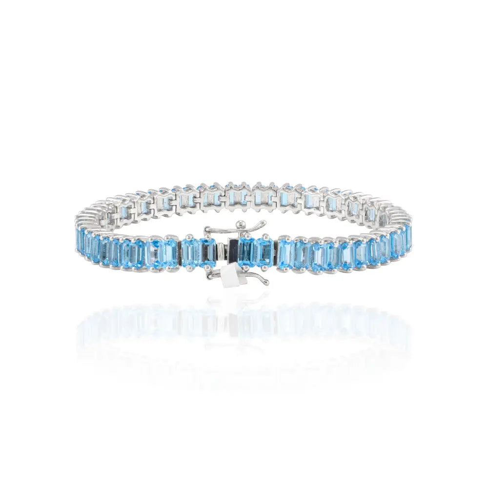 Stunning Baguette Shape Blue Topaz 925 Solid Silver Tennis Bracelet Custom Gemstone Jewelry