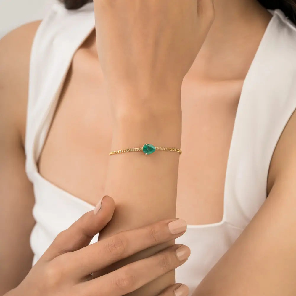 K14 Real Yellow Gold Prong Set Emerald Single Stone Cuban Link Chain Bracelet Stacked Jewelry