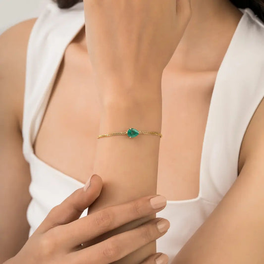 K14 Real Yellow Gold Prong Set Emerald Single Stone Cuban Link Chain Bracelet Stacked Jewelry