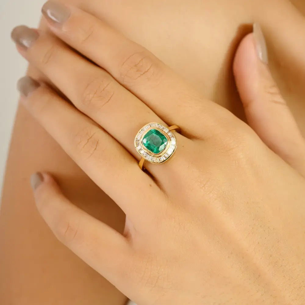 May Birthstone Emerald & Diamond 18K Pure Yellow Gold Halo Engagement Ring Trendy Jewelry