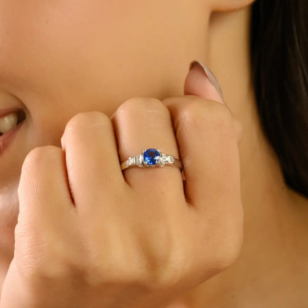 Prong Set Blue Sapphire Round Cut Gemstone Stackable Band Ring 14K Real White Gold