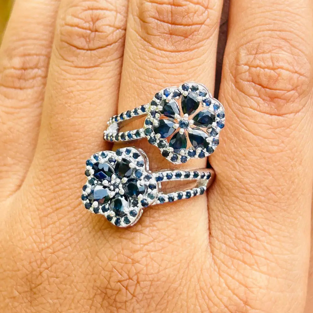 Handcrafted Real Blue Sapphire Double Flower Bypass Ring For Wedding Accessories Fine Jewelry