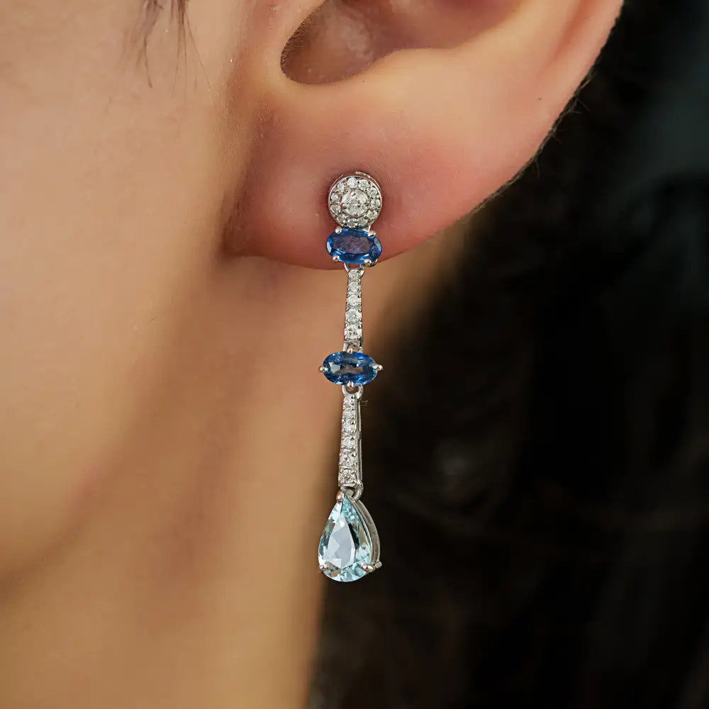 Blue Sapphire Aquamarine & Diamond Dangle Earrings Handmade 14K Soli White Gold Jewelry