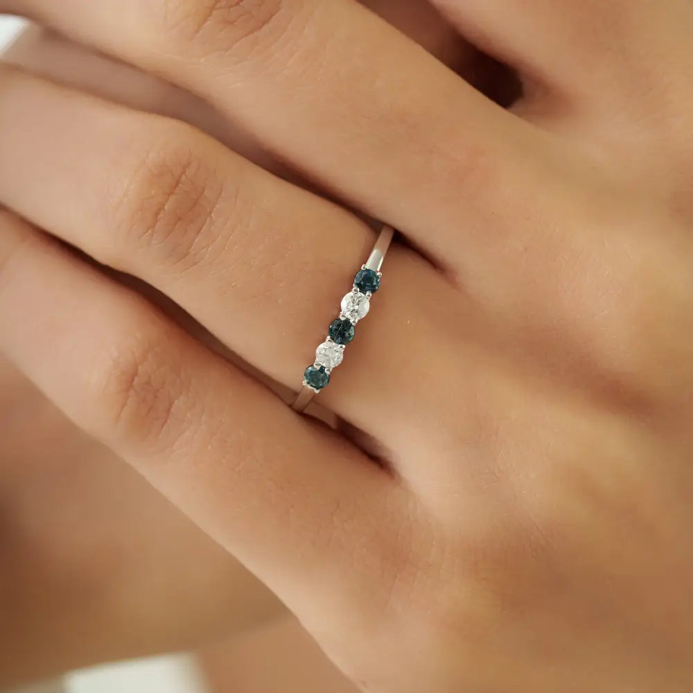2.5 mm Round Cut Blue Sapphire & Diamond Dainty Minimalist Ring 14K White Gold Jewelry