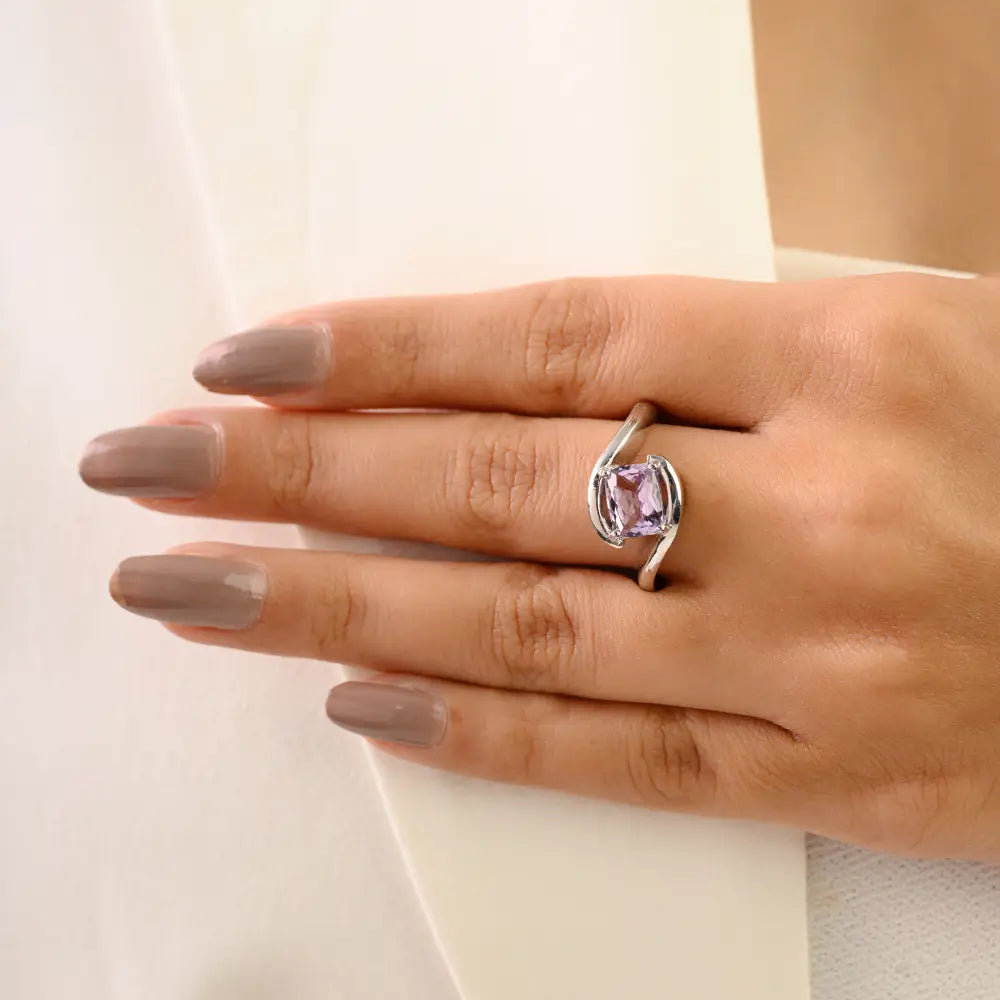 Modern Design 1.72 CT Cushion Cut Natural Amethyst Wavy Band Ring 925 Sterling Silver