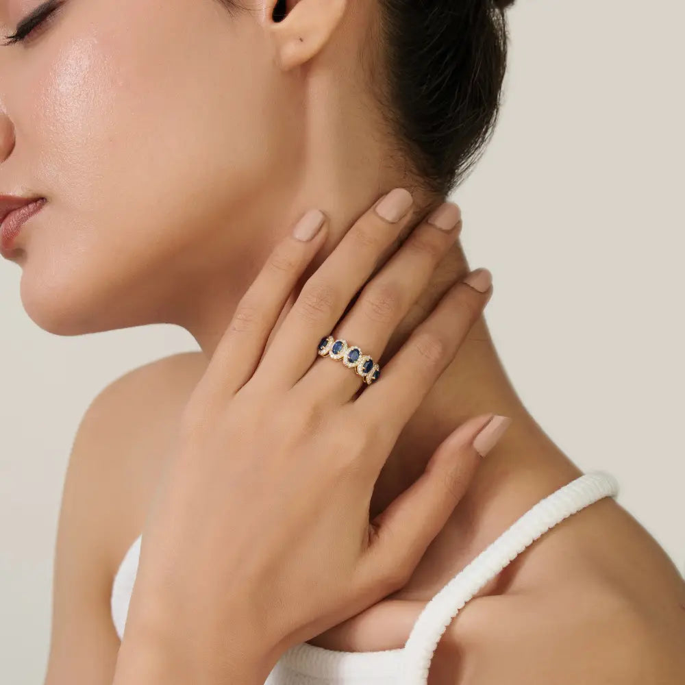 Blue Sapphire & Diamond 14K Solid Yellow Gold Five Stone Half Eternity Band Ring For Wedding