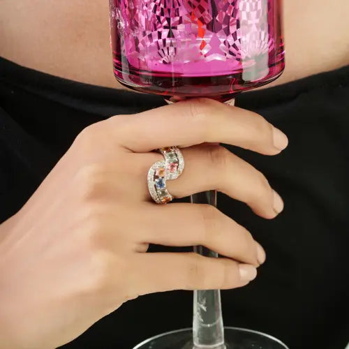 High Quality Multi Sapphire & Diamond 925 Sterling Silver Crossover Design Curved Band Ring