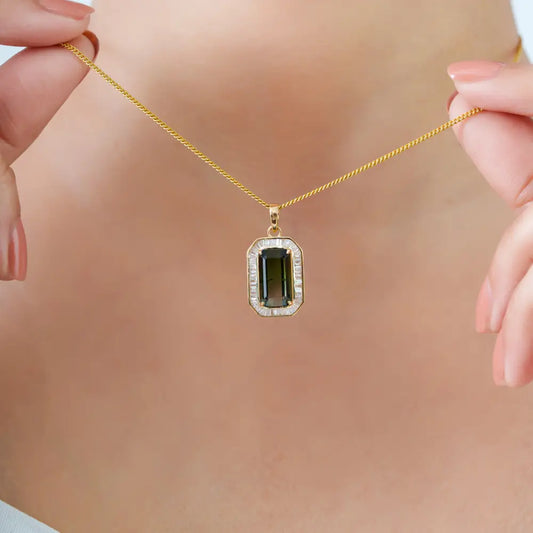 13x7mm Baguette Cut Green Tourmaline & Diamond 14K Yellow Gold Halo Pendant Fine Jewelry