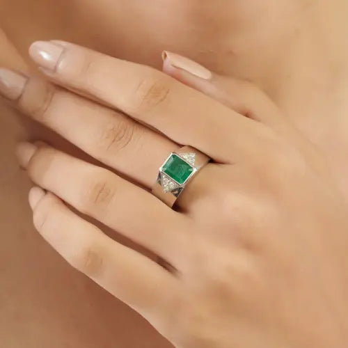 Bold Design 925 Sterling Silver Octagon Cut Emerald & Round Diamond Statement Ring Jewelry