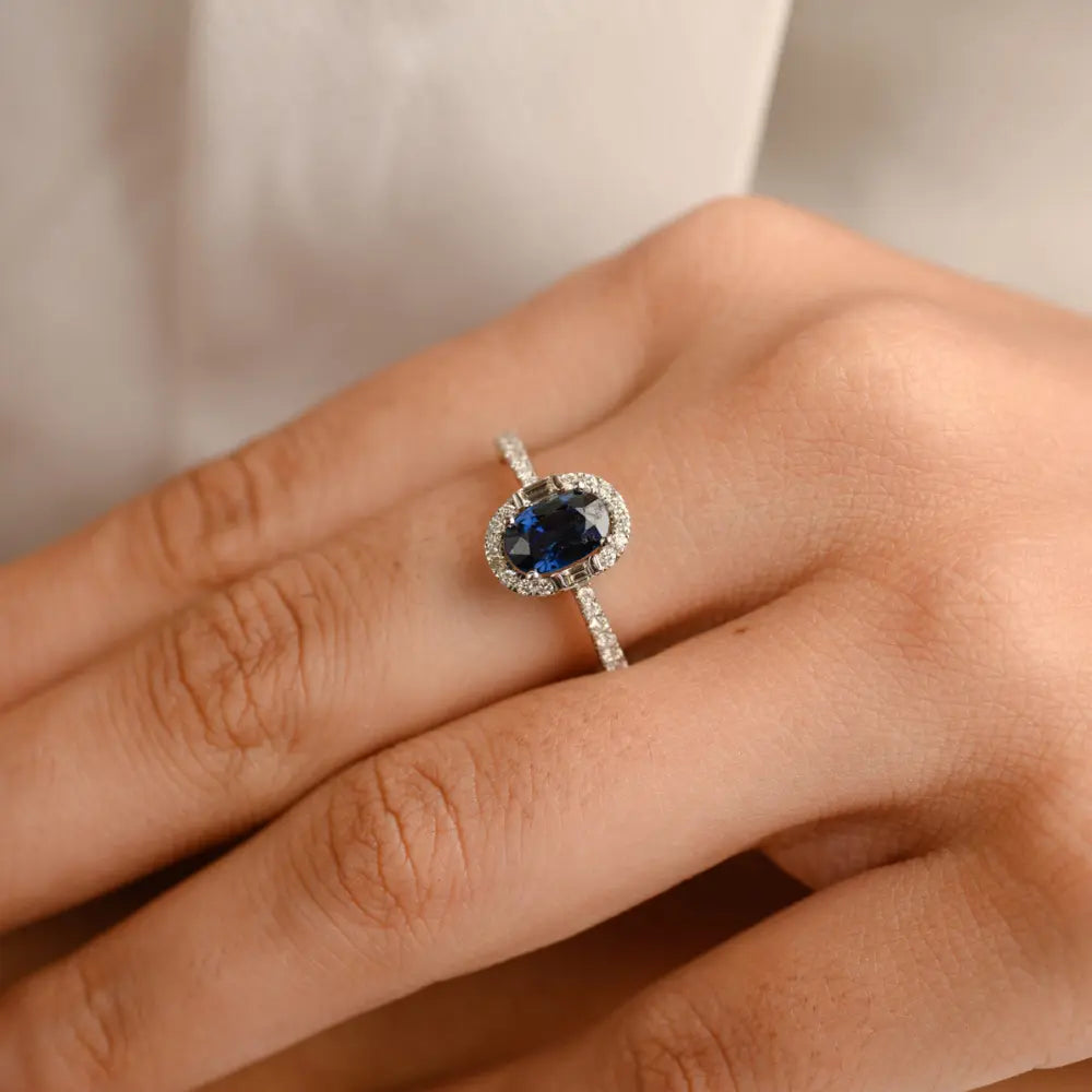 Best Selling Product Natural Blue Sapphire & Diamond 18K Solid White Gold Ring