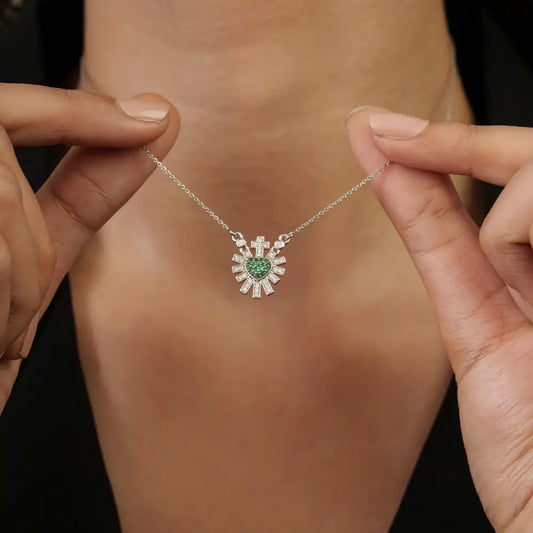 Emerald & Diamond Sacred Heart Sunburst Pendant Necklace For Women 14K Solid White Gold