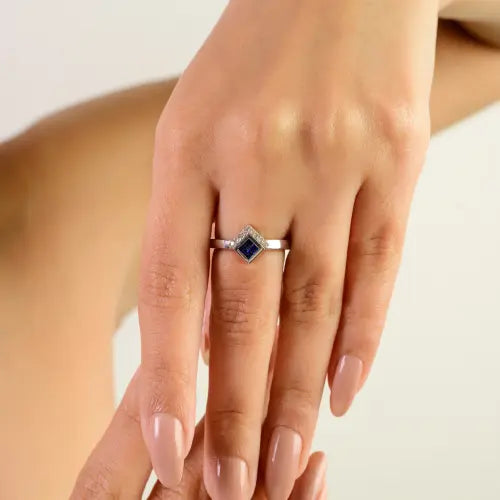 Hot Selling Kite Shape Princess Cut Blue Sapphire & Round Diamond 925 Sterling Silver Ring