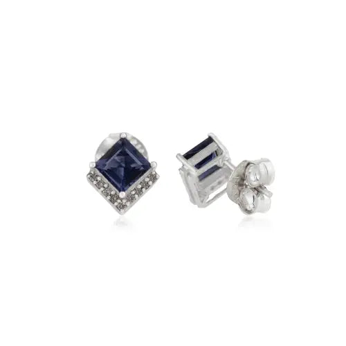 100% Genuine Princess Cut Iolite & Diamond Accents 925 Sterling Silver Fine Studs For Women's