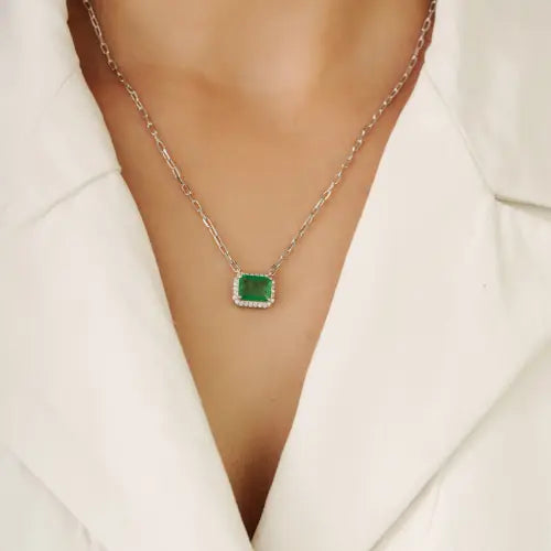 7x9 mm Octagon Shape Natural Emerald & Diamond Cluster 925 Silver Pendant Necklace