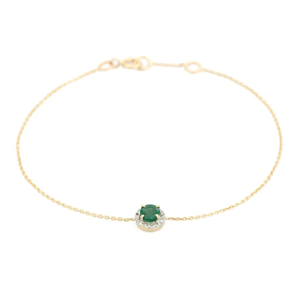 Round Cut Emerald & Diamond Minimalist Solitaire Halo Bracelet Spring Lock 14K Solid Gold