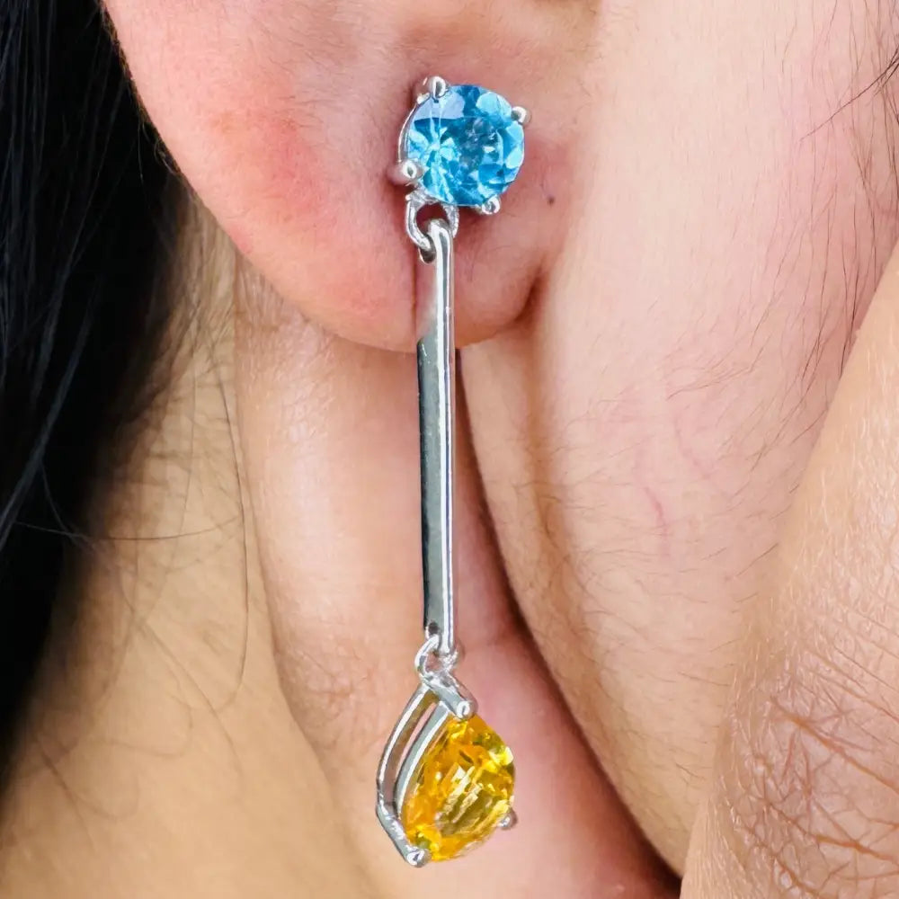 Customized Silver Jewelry Fine Blue Topaz & Citrine Long Dangle Drop Earrings For Women