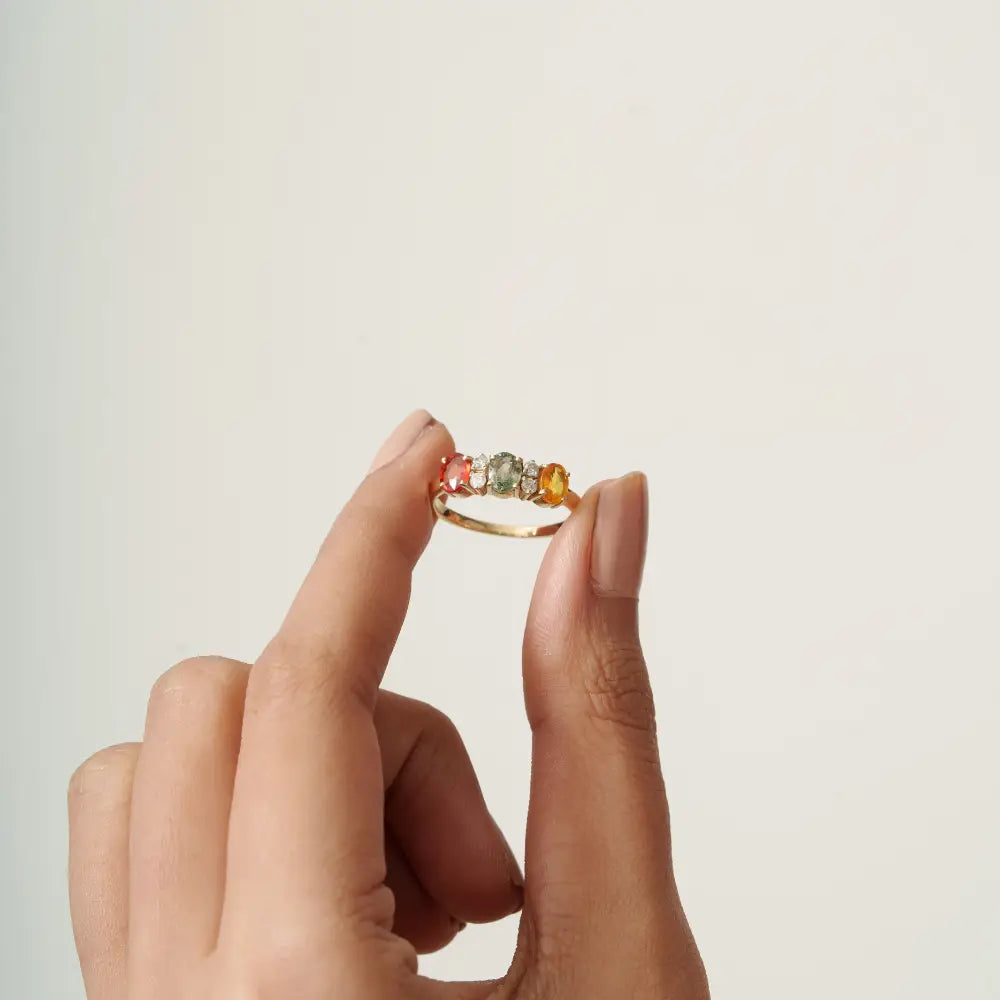 Minimal Simply Multi Sapphire & Diamond Fine Three Stone Ring Pure 14K Yellow Gold Jewelry