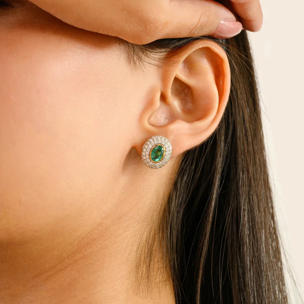 High Quality Emerald & Diamond Double Halo Stud Earrings 14K Gold Statement Jewelry