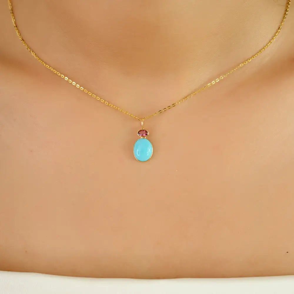 Elegant Design Turquoise & Pink Tourmaline K18 Yellow Gold Two Stone Minimal Pendant