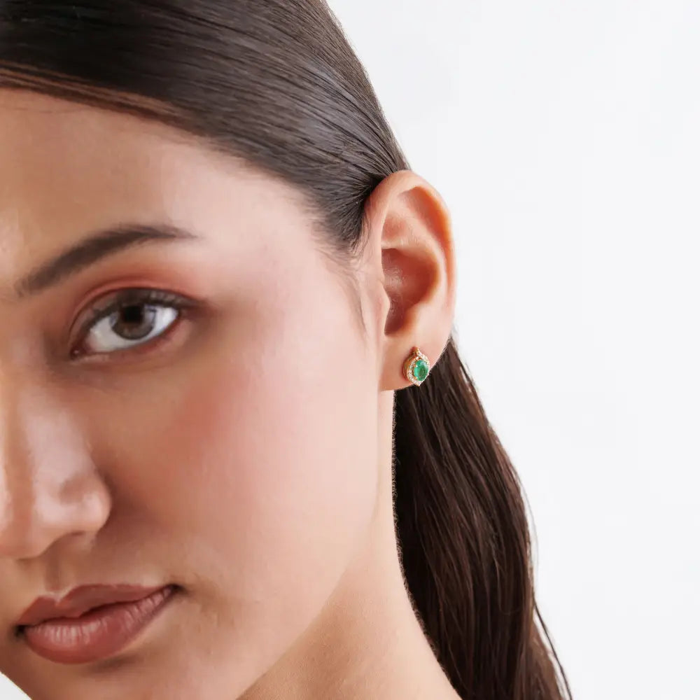 Trendy Design K14 Yellow Gold Emerald & Diamond Halo Stud Earrings For Daily Wear Jewelry