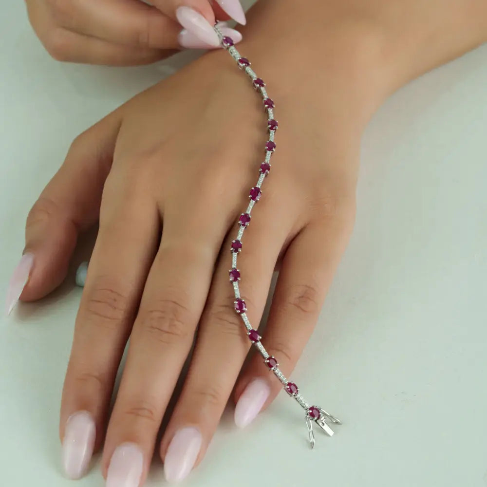 Precious Gemstone 14K White Gold Ruby & Diamond Sleek Tennis Bracelet Stackable Jewelry