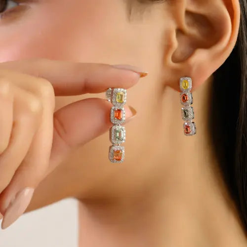 Baguette Cut Multi Sapphire Gemstone Long Dangle Statement Earrings For Women Fine Jewelry