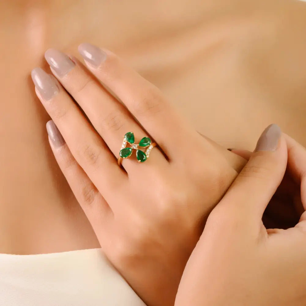 Unique Design Emerald & Diamond 14K Solid Yellow Gold Floral Statement Ring For Wedding