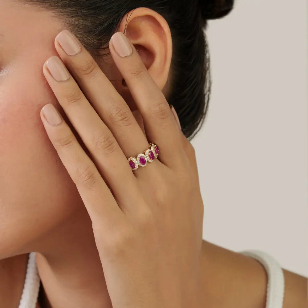 Hot Sale Ruby & Diamond Halo Five Stone Ring Handmade Trading 14K Solid Yellow Gold Jewelry