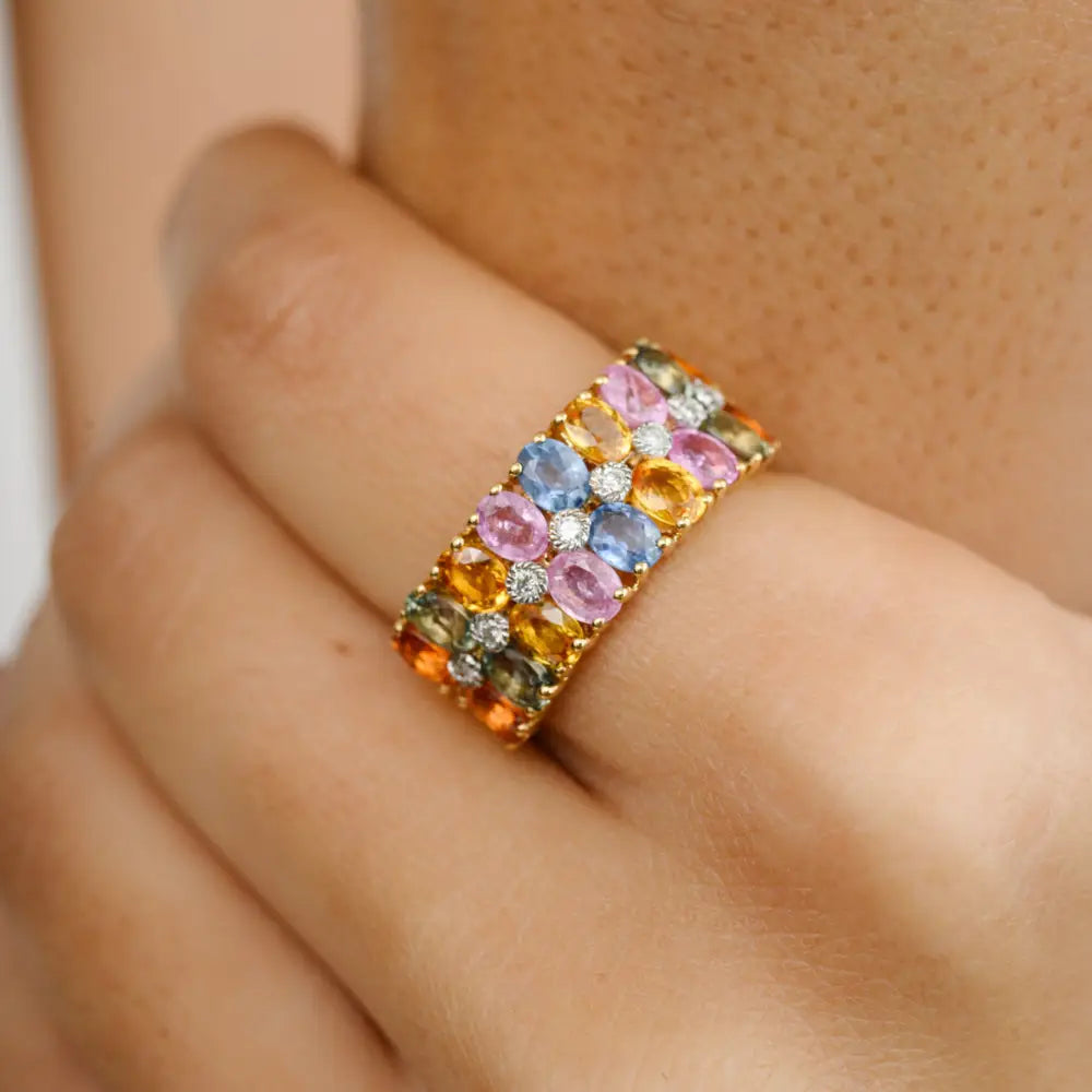 High Quality Product 18K Yellow Gold Multi Gemstone & Diamond Ring