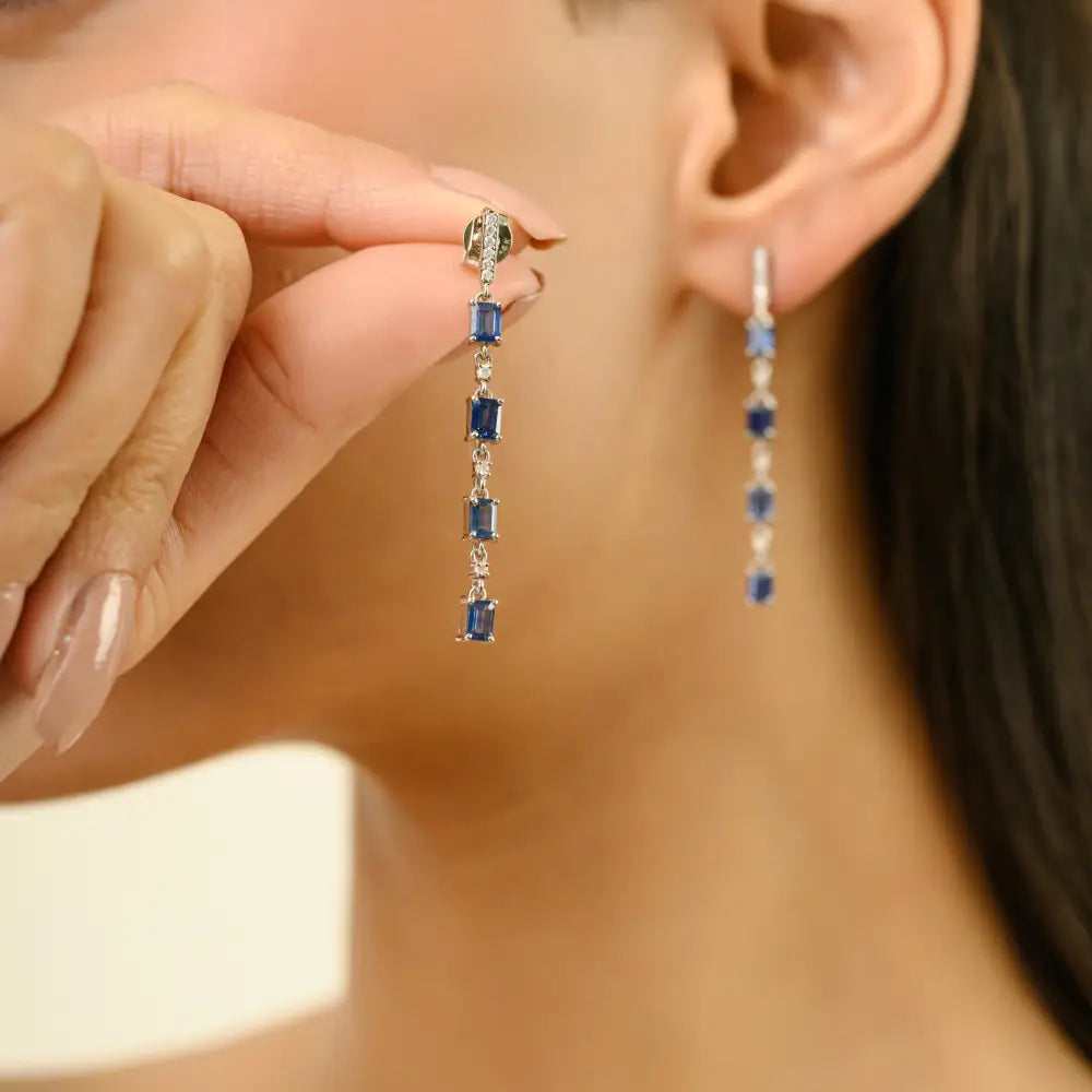 K14 White Gold Blue Sapphire & Diamond Women Dangle Earrings Wedding Engagement Jewelry