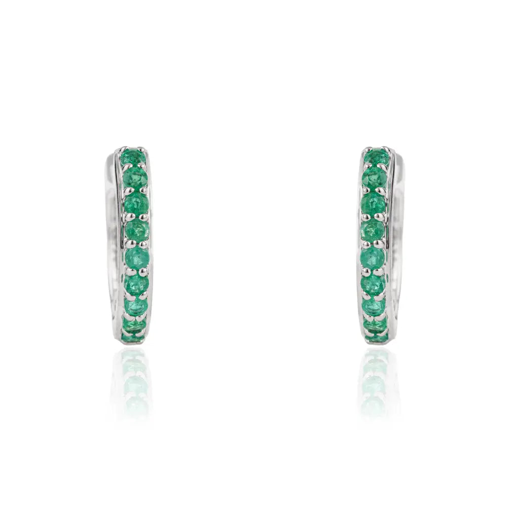 Precious Gemstone Jewelry Solid K18 White Gold Emerald & Diamond Huggie Hoop Earrings