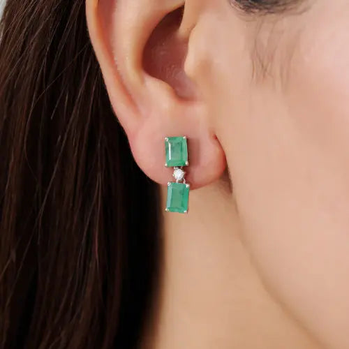 S925 Sterling Silver 100% Authentic Emerald & Diamond May Birthstone Drop Earrings