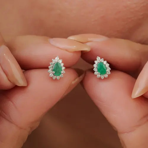 Precious Emerald Gemstone & Diamond Cluster Pear Shape S925 Stud Earrings For Women's