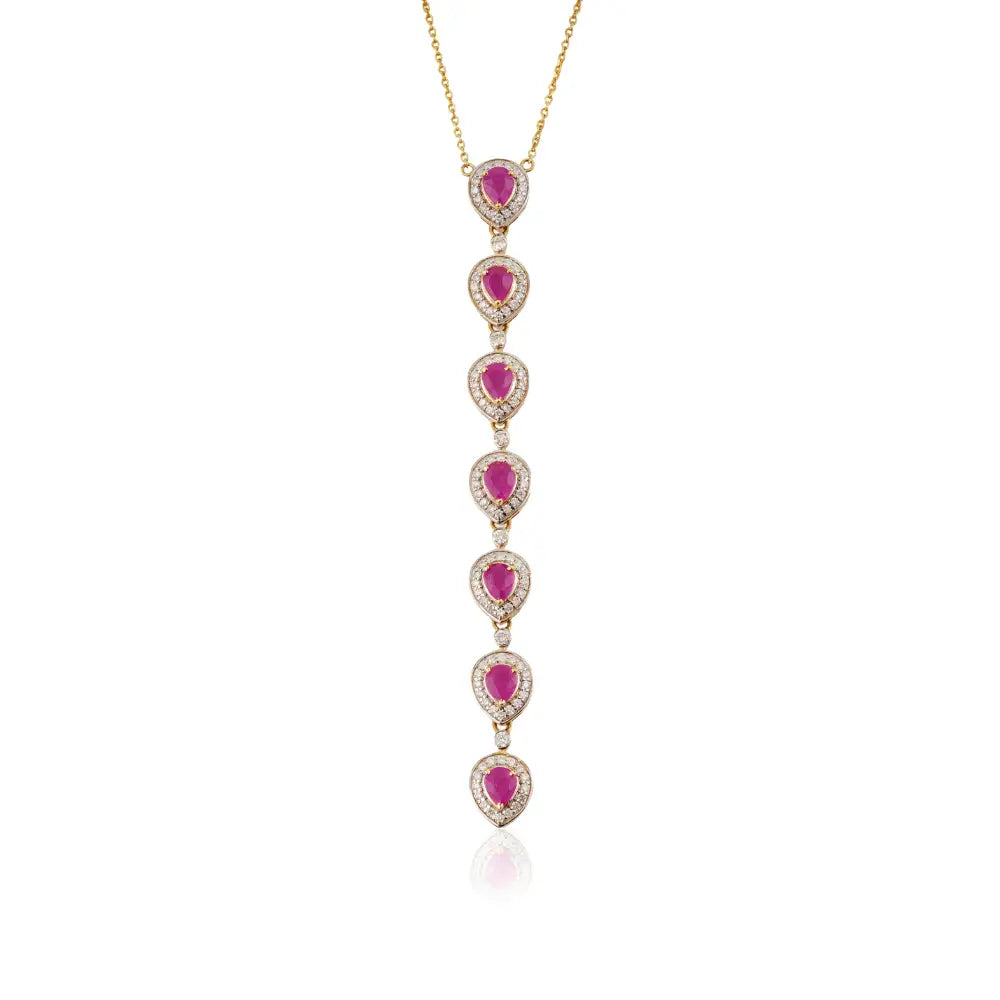 Natural Ruby & Diamond Halo Y Shape Lariat Necklace For Women Wedding 14K Yellow Gold
