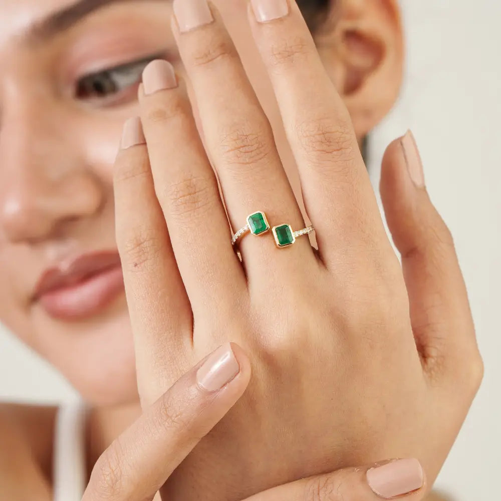 4x5 mm Octagon Cut Emerald & Diamond Open Bypass Ring Minimal 14K Yellow Gold Jewelry