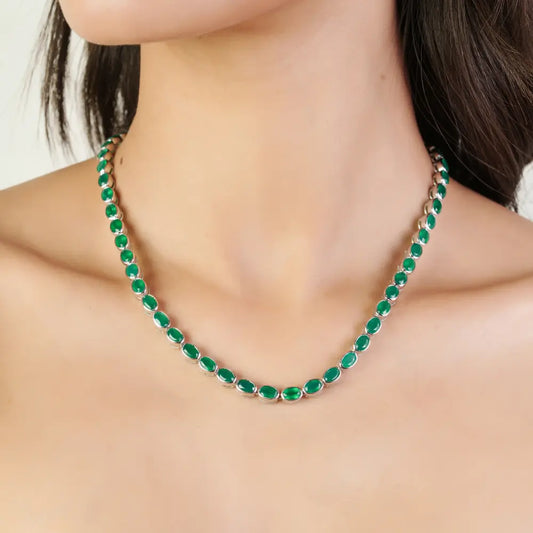 Bezel Set Natural Oval Cut Green Onyx Gemstone Tennis Necklace In 925 Sterling Silver For Women's