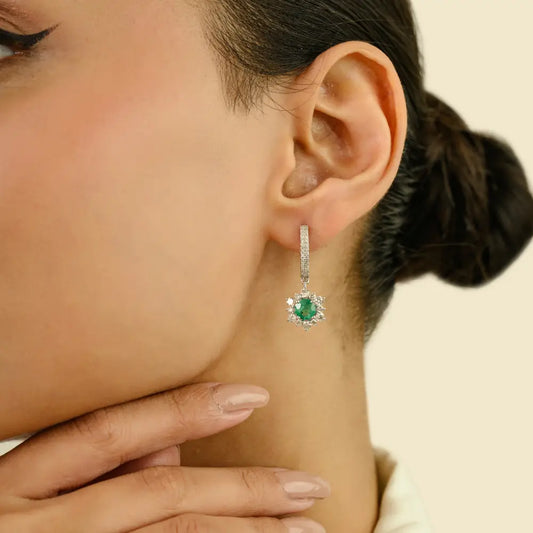 Emerald & Diamond Hoop Charm Drop Earrings For Women Wedding 14K Real White Gold Jewelry