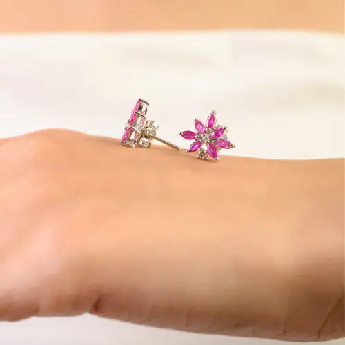 Genuine Ruby & Diamond Floral Motif 925 Sterling Silver Studs Earring Fine Jewelry Accessories For Women