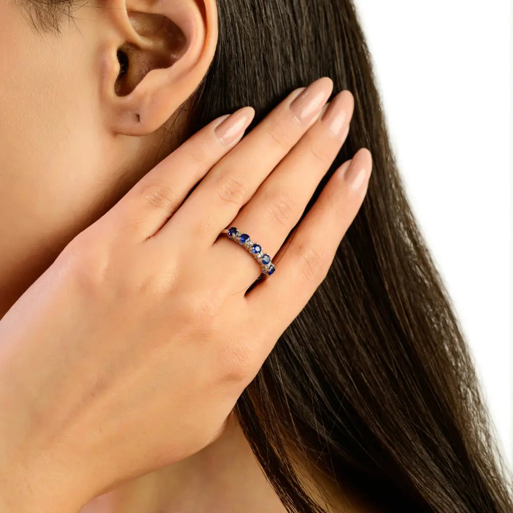 925 Sterling Silver Round Brilliant Cut Blue Sapphire & Diamond Half Eternity Band Ring