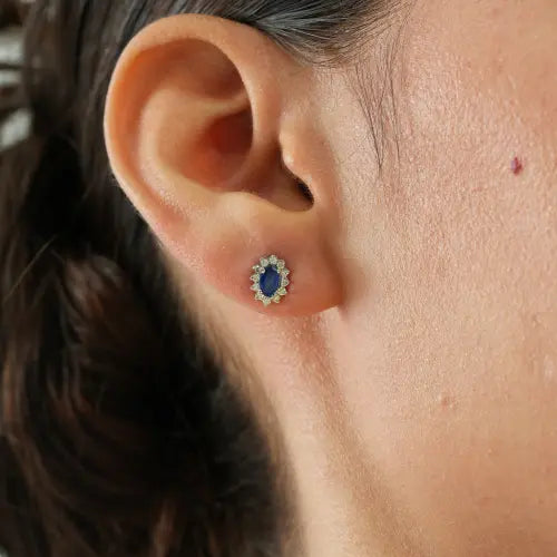High Quality Blue Sapphire & Diamond 925 Sterling Silver Halo Stud Earrings For Women's