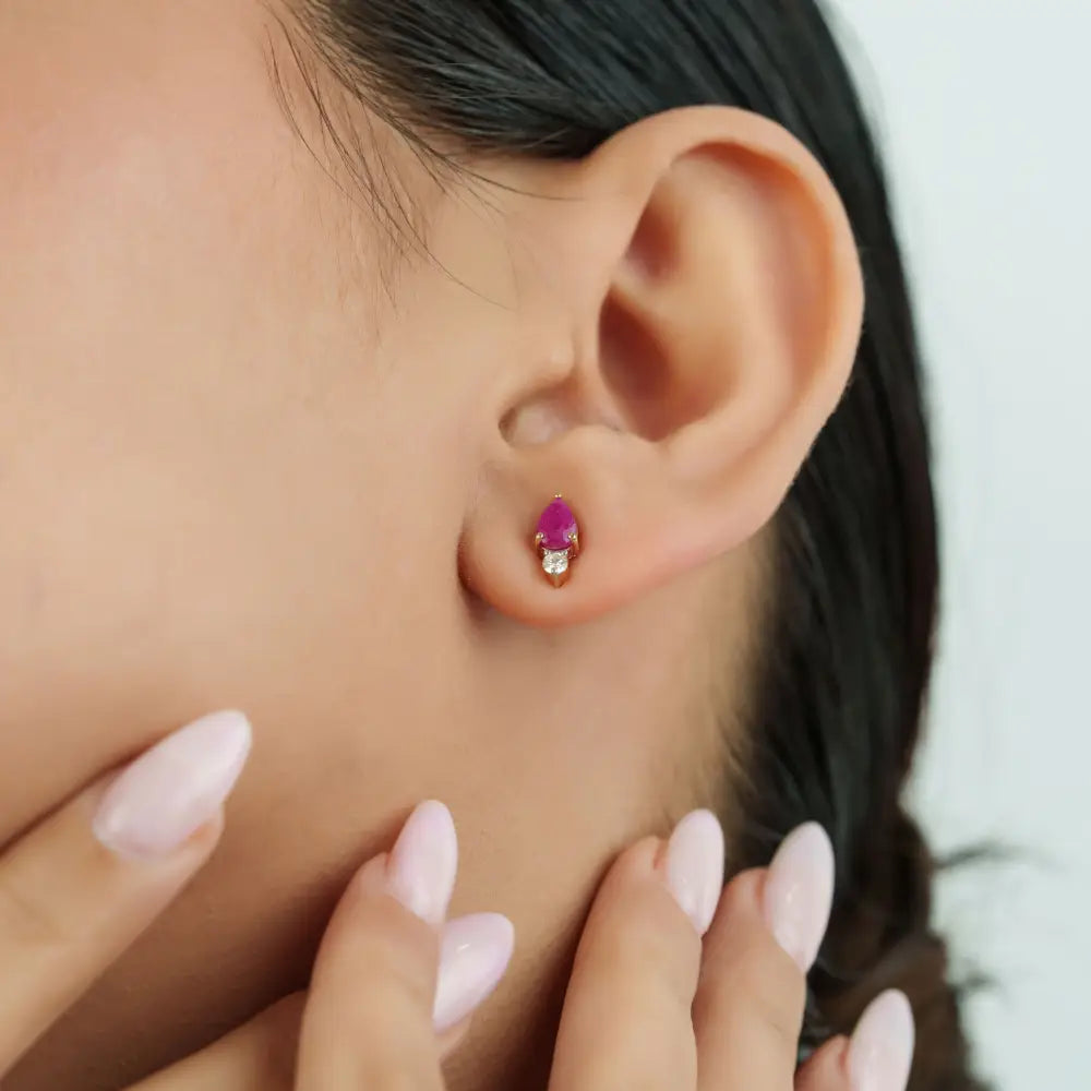 July Birthstone K14 Yellow Gold Ruby & Diamond Minimalist Stud Earrings Everyday Wear Jewelry