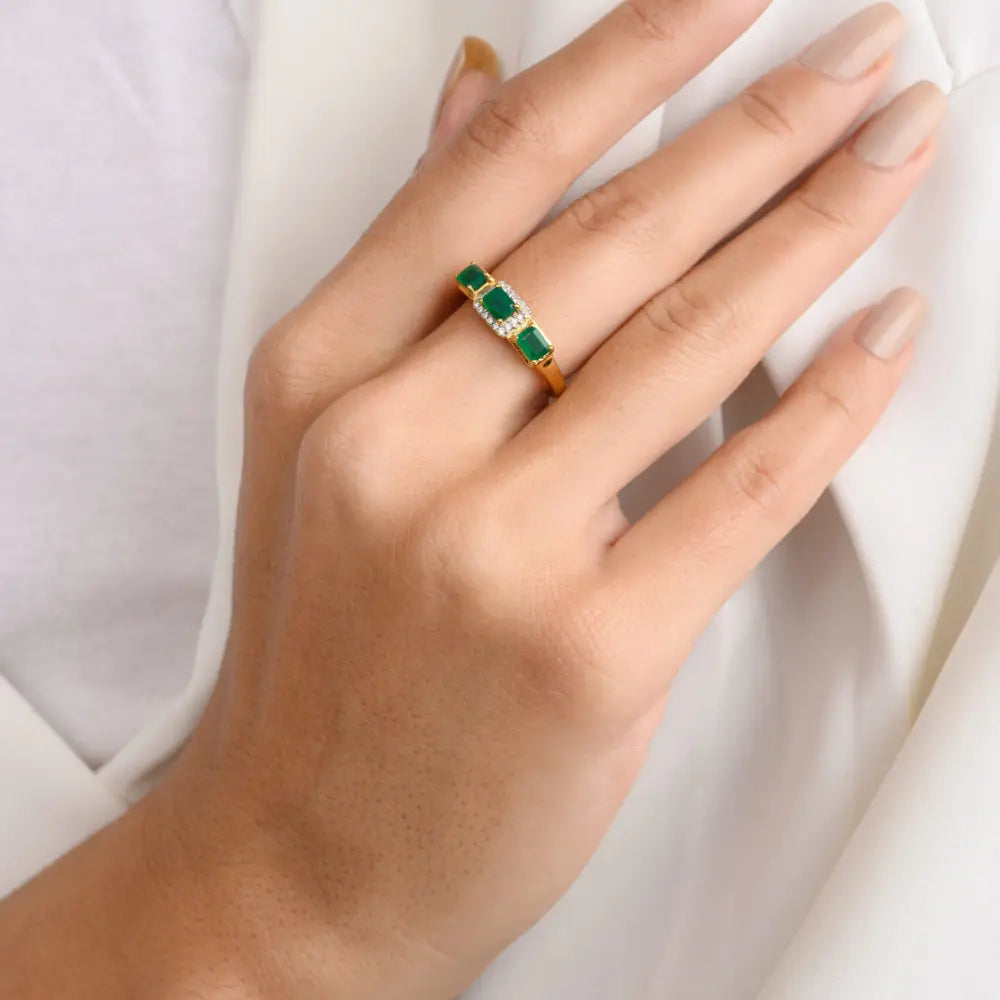 Fine Jewelry Emerald & Diamond 18K Yellow Gold Three Stone Ring