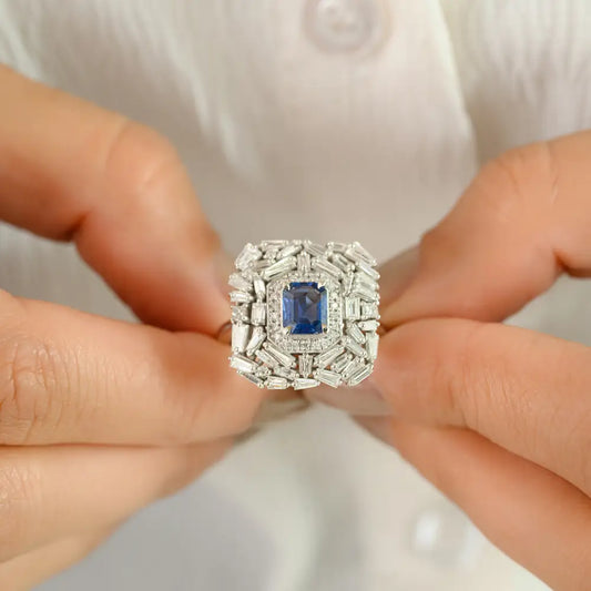 14K White Gold Blue Sapphire & Diamond Statement Ring Luxury Bold Jewelry Manufacturer