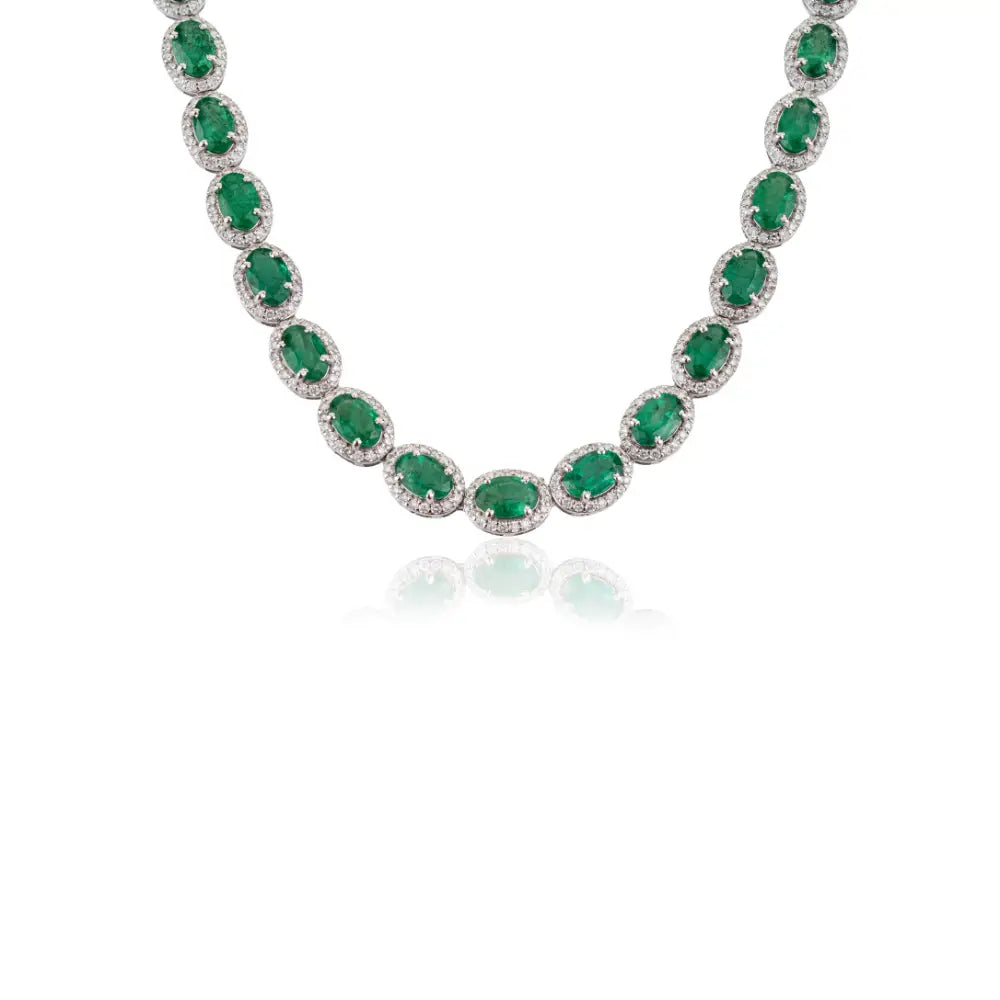 22.11 Ct. Emerald & Diamond K14 Real White Gold Fine Halo Tennis Necklace Wedding Jewelry