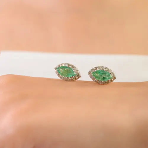 Trending Marquise Cut Emerald & Round Diamond Halo 925 Silver Stud Earrings For Women Party Wear Jewelry