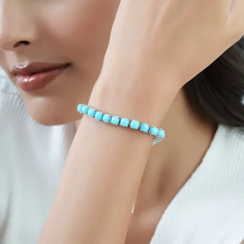 Gorgeous 925 Sterling Silver Natural Turquoise December Birthstone Unisex Tennis Bracelet