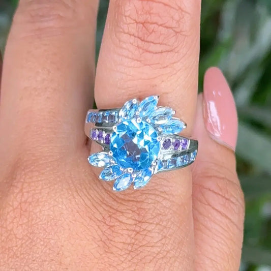 Genuine Blue Topaz & Amethyst Cluster Wedding Ring Natural Birthstone Jewelry Supplier
