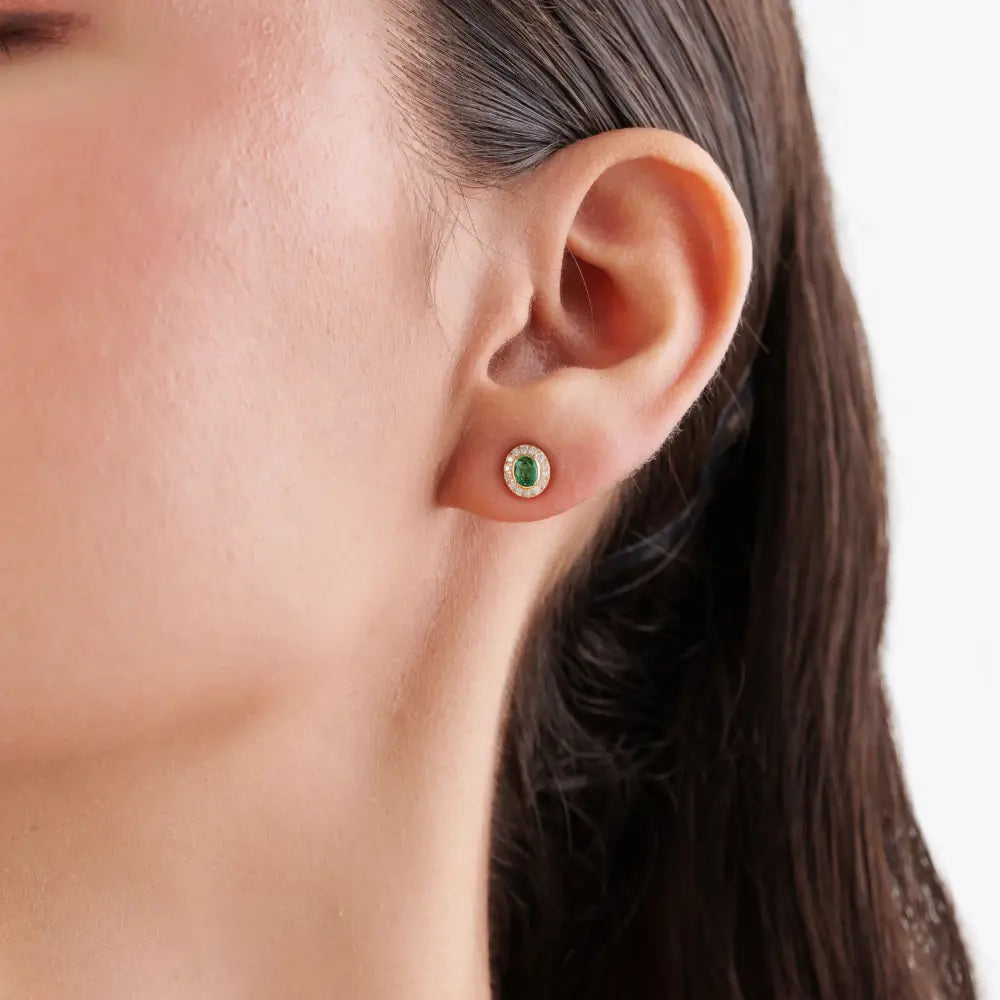 Bezel Set Emerald & Diamond Minimal Halo Stud Earrings For Girls Real 14K Yellow Gold