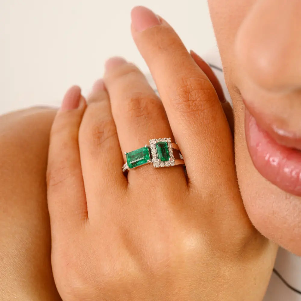 Natural Gemstone Emerald & Diamond Real K14 White Gold Wedding Ring May Birthstone