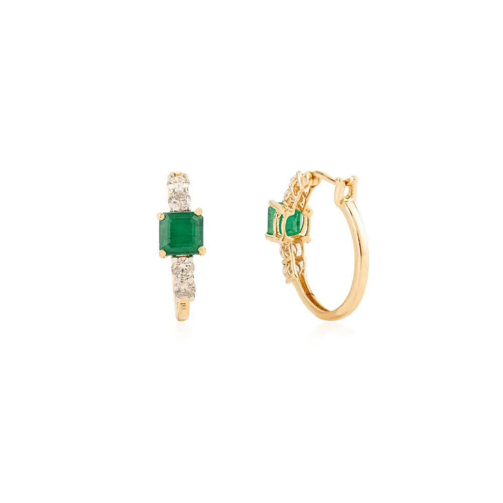 Square Emerald & Round Cut Diamond 18K Solid Gold Fine Hoop Earrings High Quality Jewelry